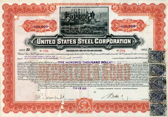 United States Steel Corporation - $100,000 Bond issued to Home Trust Co., Hoboken, NJ Trustee under the will of Andrew Carnegie...